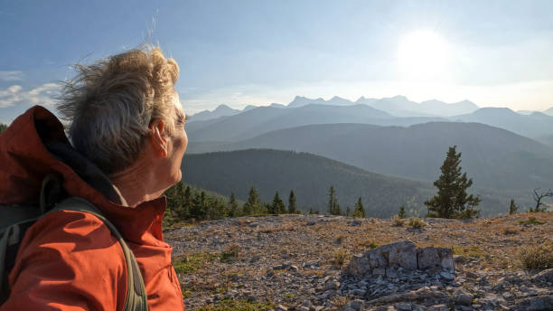 reifer männlicher wanderer kommt auf berggipfel an - travel destinations mountain hiking profile stock-fotos und bilder