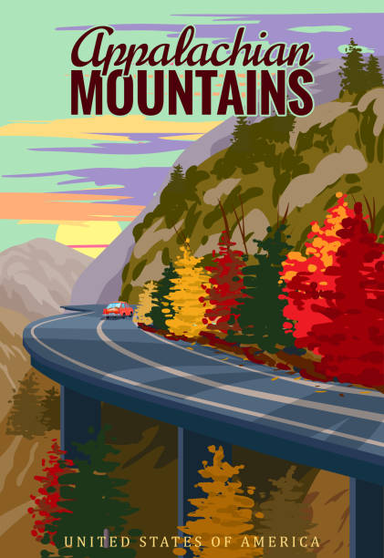 Appalachian Mountains travel vintage poster, autumn road, car, mountains, highway. Retro illustration, fall seasone vector