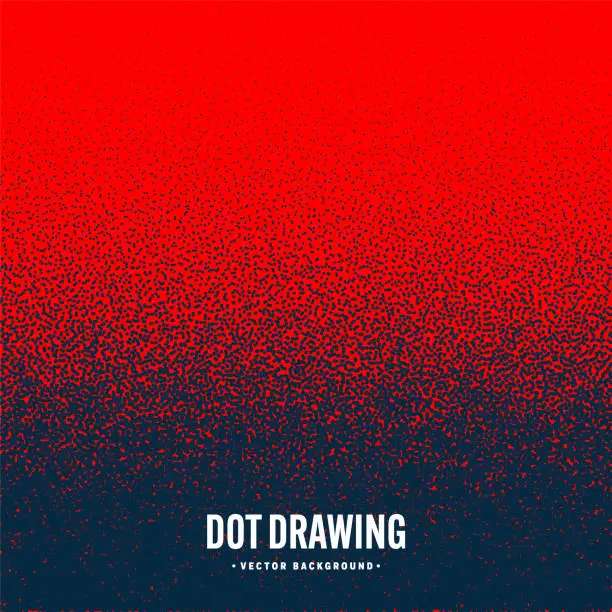 Vector illustration of Stipple pattern, red dotted geometric background. Stippling, dotwork drawing, shading using dots. Pixel disintegration, random halftone effect. White noise grainy texture. Vector illustration