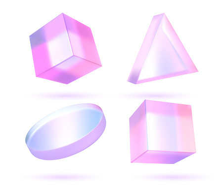 Abstract 3d glass cube. Geometric figure in holographic color on a white background. Pink shape object and design element.