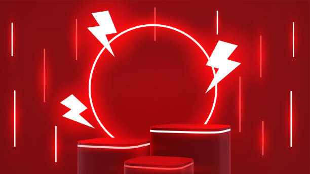 3d vector stand with lightning. Red 3d podium with flying lightning. Vector background with product platform. Realistic background 3d render with showcase. Minimalistic design. stock cubes stock illustrations