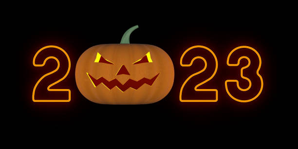 istock orange neon 2023 and pumpkin on dark background. 3D illustration 1663498623