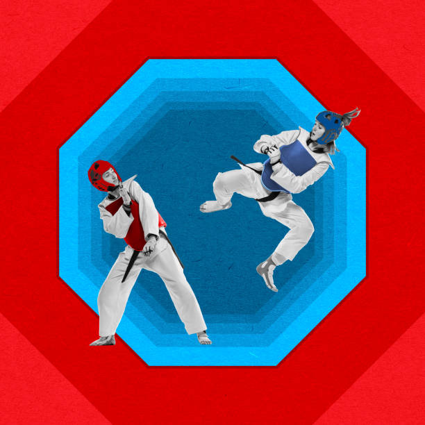 Two women, MMA athletes in uniform, helmet and boxing gloves training over blue red background. Contemporary art collage. Concept of professional sport, healthy and active lifestyle. Banner, flyer, ad