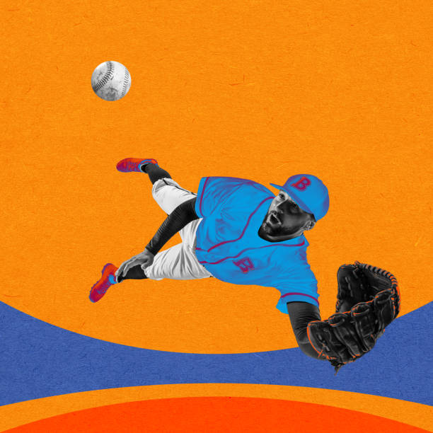 istock Concentrated man, professional baseball player in motion, catching ball on colorful background. Contemporary art collage. 1663504645