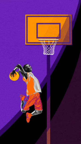 istock Dynamic image of african man, basketball player in a jump, throwing ball into basket. Contemporary art collage. 1663505159