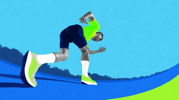istock Bottom view of man, athlete in motion, running, preparing for competition. Contemporary art collage. 1663505173