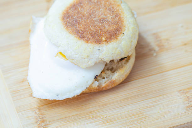 English muffin with egg breakfast food copy space stock photo