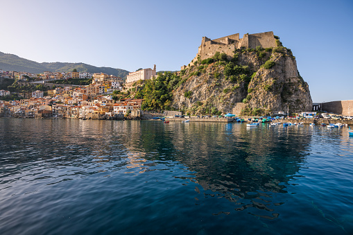 Scilla, Italy coastal townscape in Reggio Calabria at the port.