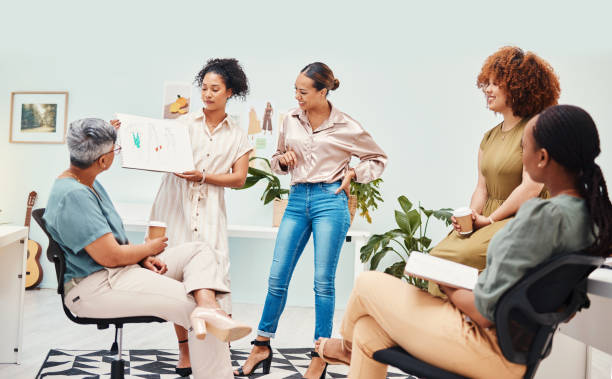 istock Fashion designer, presentation or women with sketch drawing for plan, project or draft on clothing line. Teamwork, internship or woman speaking or talking to designers for learning, ideas or advice 1663523575