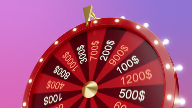 Spinning red wheel of luck or fortune indicates a thousand-dollar win. Ideal for gambling and lottery themes. This wheel of fortune animation comes with an alpha channel. Presented in 4K 3D animation
