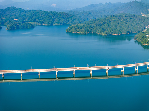 Aerial photography of highway bridge on the lake