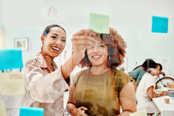 istock Creative women, brainstorming and teamwork, sticky note and meeting with objectives and agenda at startup. Communication, glass board and collaboration, research and ideas, discussion and strategy 1663527026