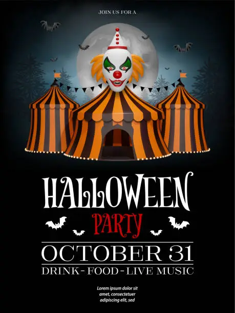 Vector illustration of halloween background with evil clown and circus with orange and black stripes. halloween party poster