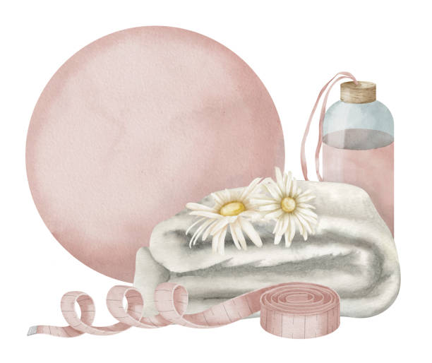 bildbanksillustrationer, clip art samt tecknat material och ikoner med drawing of pink fitness ball and measuring tape. sketch of towels and bottles of water. sports exercise equipment on isolated background. hand drawn watercolor female yoga accessories illustration - pilatesboll rosa on white