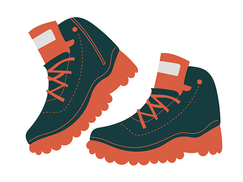 Hiking adventure boots on thick sole. Hand drawn isolated vector illustration in flat style