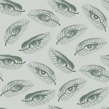 Vector Seamless pattern of lacy hand drawn walnut leaves with human eyes on light green background