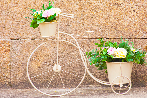 Old bicycle leaning in the street, decorative purposes, crate with beautiful rose flower bunches. Santiago de Compostela, Galicia, Spain.