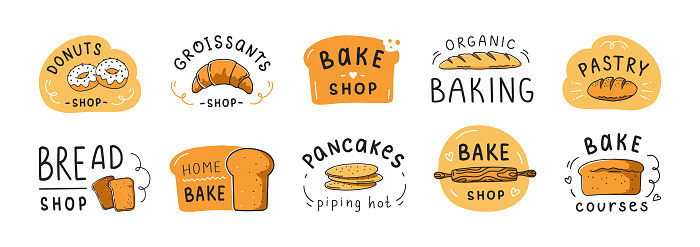 Bakery lettering logotype, bagel flour stamp. Bread letter tags, signs and symbols, croissants logo design, homemade pastry and bake logo, cupcake and baguette label. Vector isolated illustrations set