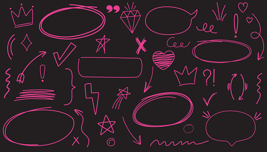 Pink sketch underline, emphasis, bubble, balloon frame, arrow shape set chalkboard. Hand drawn brush stroke, highlight, speech bubble, underline, sparkle element. Vector illustration.