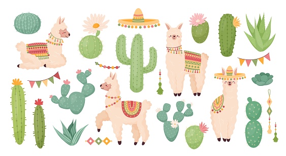 Llamas and cactus, cute Peru party decorative cartoon isolated elements set. America nature cacti, exotic sleeping and standing animals, scrapbook ornaments. Funny mammals vector isolated collection