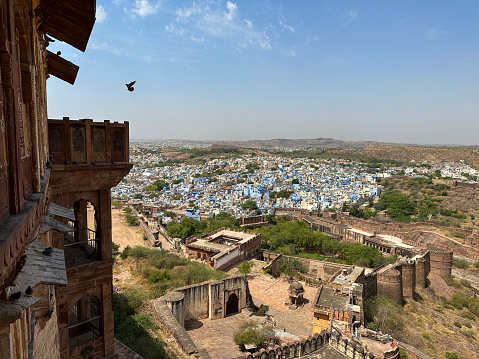 Stock photo showing close-up view of Jodhpur's Old Quarter rooftop cityscape. The buildings in the city's Old Quarter are painted an almost uniform blue, as to why? Nobody can agree on a reason.