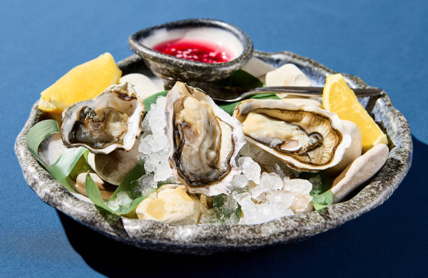 istock Closeup horizontal view of fresh oysters with lemon on ice, an upscale restaurant dish presentation 1663569630