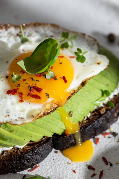 istock Toasted bread with avocado and fried egg for breakfast 1663578915