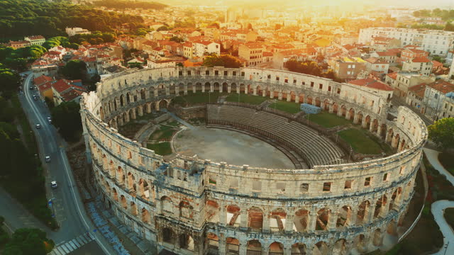 AERIAL VIEW Pula Arena in center town of Pula,Croatia