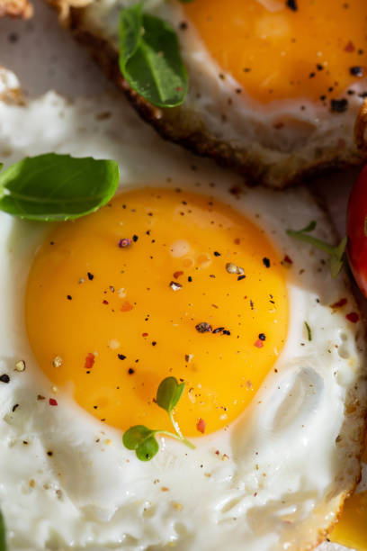 istock Close up of fried eggs on a plate 1663581141