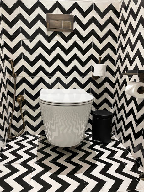 Close-up image of luxury hotel bathroom, black and white zig-zag patterned wall and floor tiles, wall hung push button flushing ceramic toilet, brass hand shower bidet head attachment, phone holder shelf, toilet roll holder and paper, pedal bin Stock photo showing a hotel bathroom featuring a white toilet with modern fittings include bathroom hygiene in the form of a hand shower bidet head attachment, which has been fixed to the wall next to the WC, complete with wall bracket and brass hose connection. pedal bin stock pictures, royalty-free photos & images