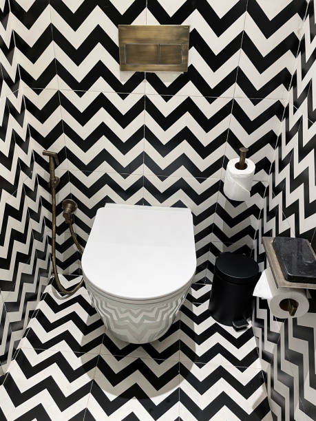 Close-up image of luxury hotel bathroom, black and white zig-zag patterned wall and floor tiles, wall hung push button flushing ceramic toilet, brass hand shower bidet head attachment, phone holder shelf, toilet roll holder and paper, pedal bin Stock photo showing a hotel bathroom featuring a white toilet with modern fittings include bathroom hygiene in the form of a hand shower bidet head attachment, which has been fixed to the wall next to the WC, complete with wall bracket and brass hose connection. pedal bin stock pictures, royalty-free photos & images