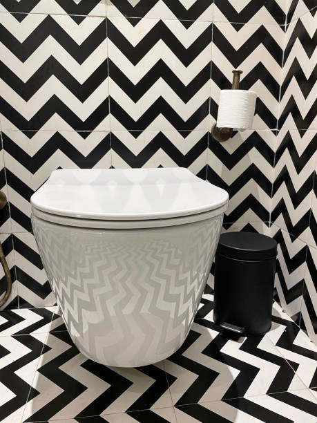 Close-up image of luxury hotel bathroom, black and white zig-zag patterned wall and floor tiles, wall ceramic toilet, brass toilet roll holder and paper, pedal bin Stock photo showing a hotel bathroom featuring a white toilet with modern fittings include bathroom hygiene in the form of a hand shower bidet head attachment, which has been fixed to the wall next to the WC, complete with wall bracket and brass hose connection. pedal bin stock pictures, royalty-free photos & images