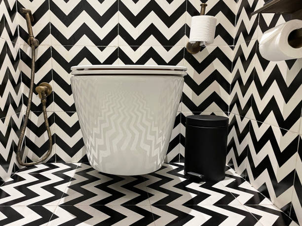 Full frame image of luxury hotel bathroom, black and white zig-zag patterned wall and floor tiles, wall ceramic toilet, brass hand shower bidet head attachment, phone holder shelf, toilet roll holder and paper, pedal bin Stock photo showing a hotel bathroom featuring a white toilet with modern fittings include bathroom hygiene in the form of a hand shower bidet head attachment, which has been fixed to the wall next to the WC, complete with wall bracket and brass hose connection. pedal bin stock pictures, royalty-free photos & images