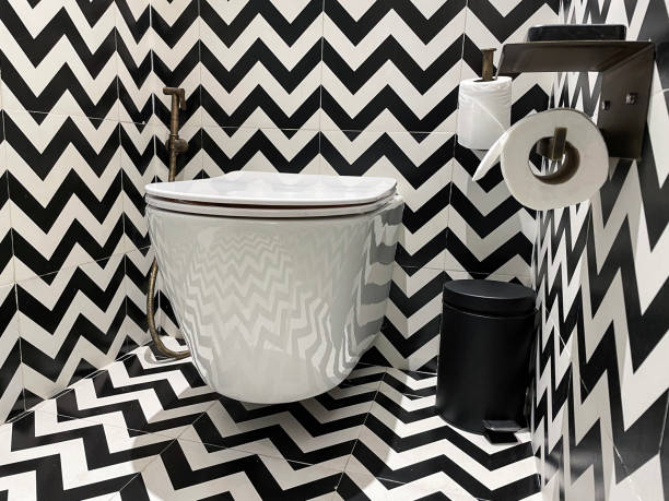 Full frame image of luxury hotel bathroom, black and white zig-zag patterned wall and floor tiles, wall ceramic toilet, brass hand shower bidet head attachment, phone holder shelf, toilet roll holder and paper, pedal bin Stock photo showing a hotel bathroom featuring a white toilet with modern fittings include bathroom hygiene in the form of a hand shower bidet head attachment, which has been fixed to the wall next to the WC, complete with wall bracket and brass hose connection. pedal bin stock pictures, royalty-free photos & images