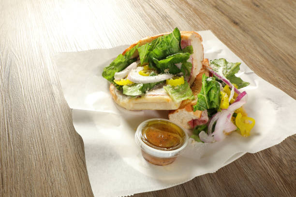 istock Healthy Mediterranean Sandwich on wooden table 1663599356
