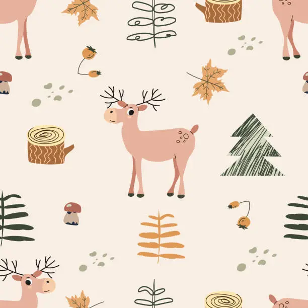 Vector illustration of Seamless pattern with cartoon deer, trees, decor elements. Childish texture for fabric, textile, apparel, nursery decoration. Hand drawn vector illustration.