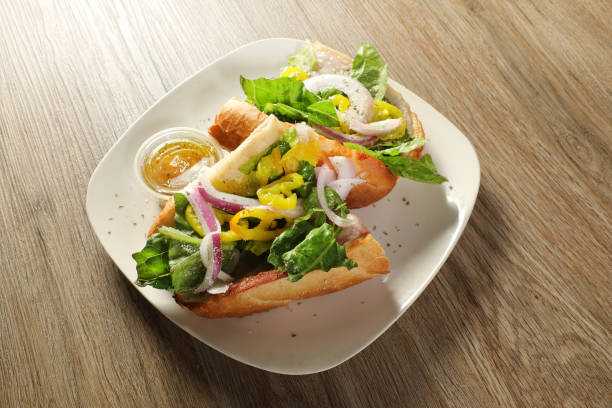 Healthy Mediterranean Sandwich on wooden table