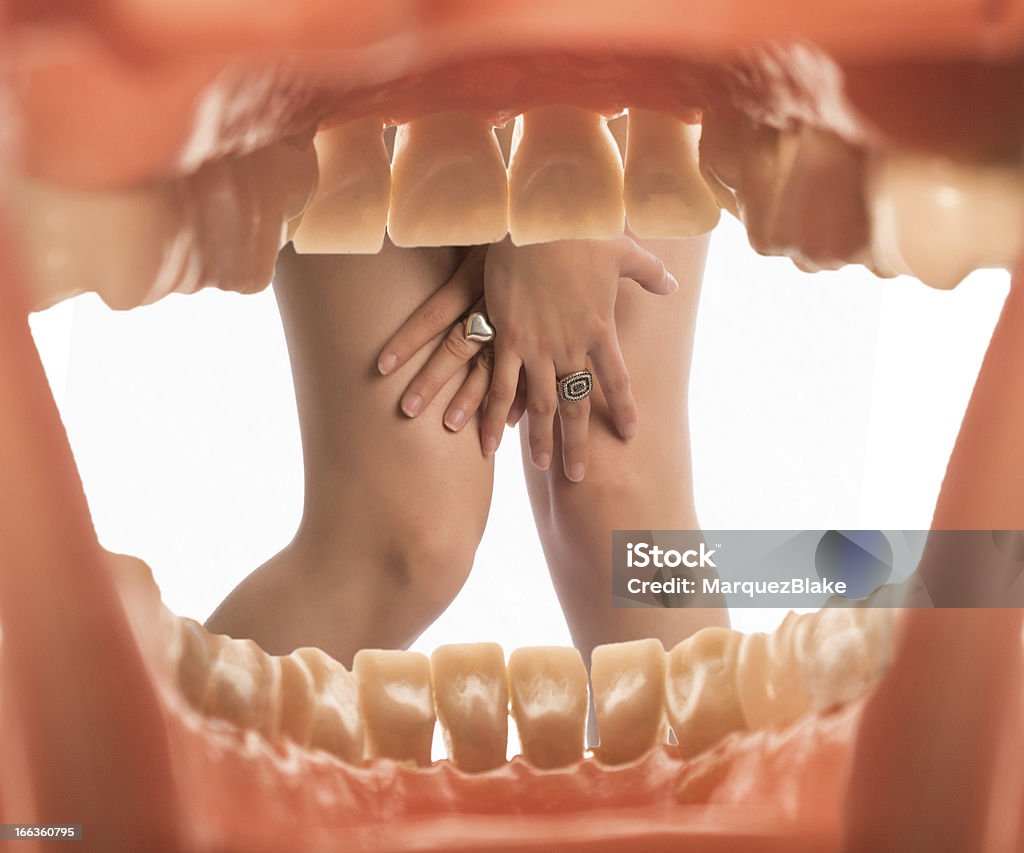 Woman's legs seen from an open mouth Woman covering her legs seen from an open mouth viepoint. Adult Stock Photo