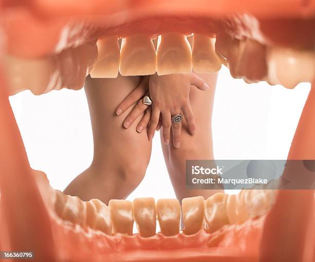 Womans Legs Seen From An Open Mouth Stock Photo - Download Image Now - Adult, Biting, Caught With Your Pants Down