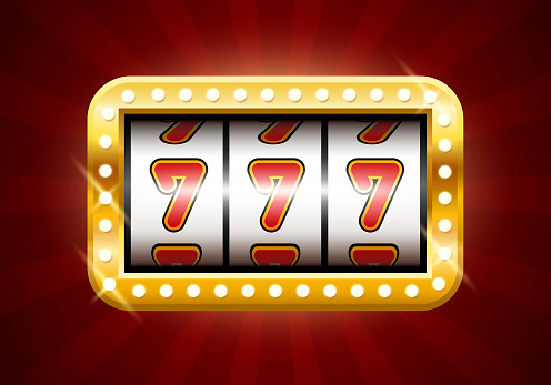 Jackpot. Slot machine with three sevens. Screen slot machine in a golden frame with light bulbs. Vector clipart.