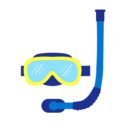 Blue and yellow mask and snorkel flat illustration vector isolated on white background. Scuba and snorkeling equipments. item for set of summer travel. Summer time. Tropical vacation. Summer concept.