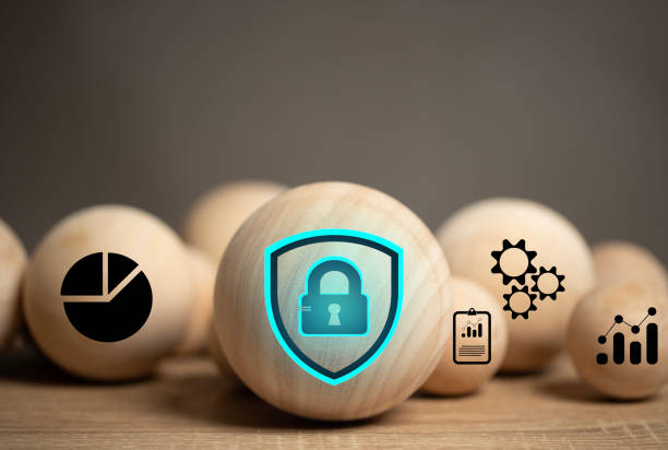 istock online security system. The key icon is on the wooden ball to represent security and protect information such as financial, sensitive company data. corporate information personal information. 1663625192