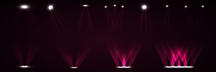 A set of spotlights with scene illumination on a transparent background. Stage lighting. Cold light effect. Vector illustration.