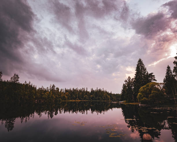 Sunset reflection with the lake shore in the distance