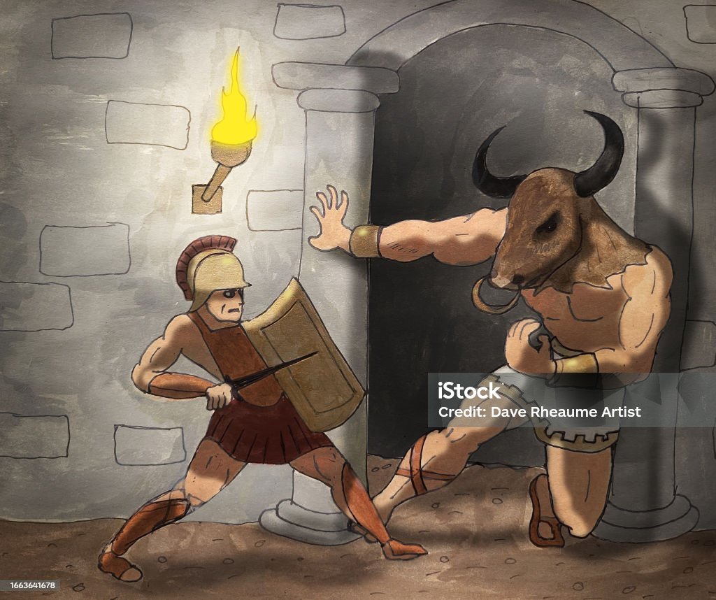 Tesius Theseus Slays The Minotaur Stock Illustration - Download Image Now ...