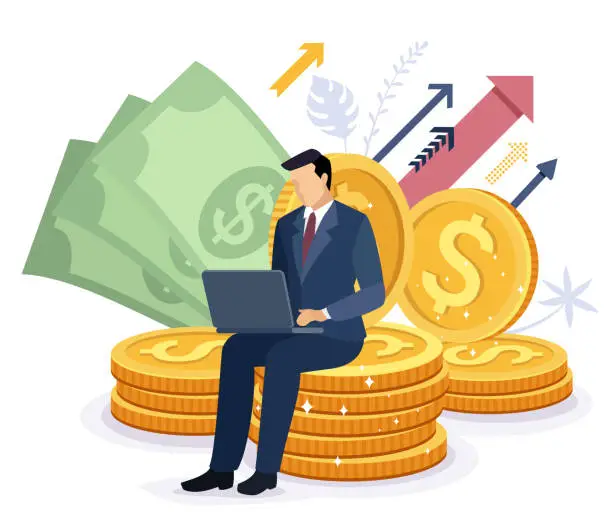 Vector illustration of Businessman Character is sitting on golden stacks of coins. Trader Working on Laptop. Financial analyst. Investor with laptop monitoring growth of dividends.