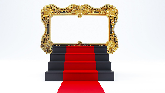3D render of red carpet leading to stairs with dolden retro fram