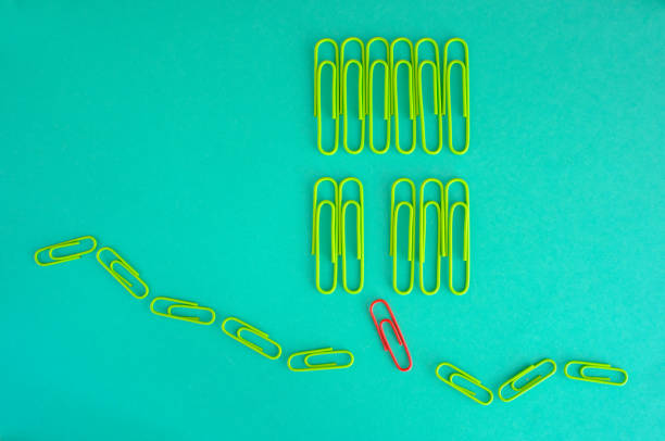 concept,metaphor,human resources,headhunting,solution,innovation,idea and businss start up concept with paper clips,a red one is breaking away frome the crowd