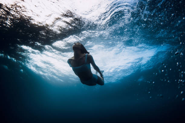 istock Woman underwater with ocean wave and sun light. Active vacations in ocean 1663672978