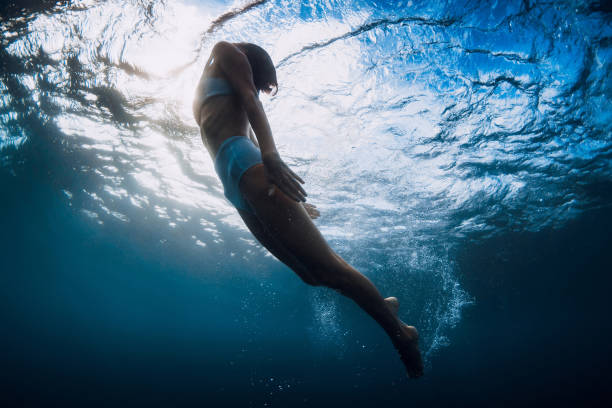 istock Woman swim underwater with ocean wave and sun rays. 1663673507